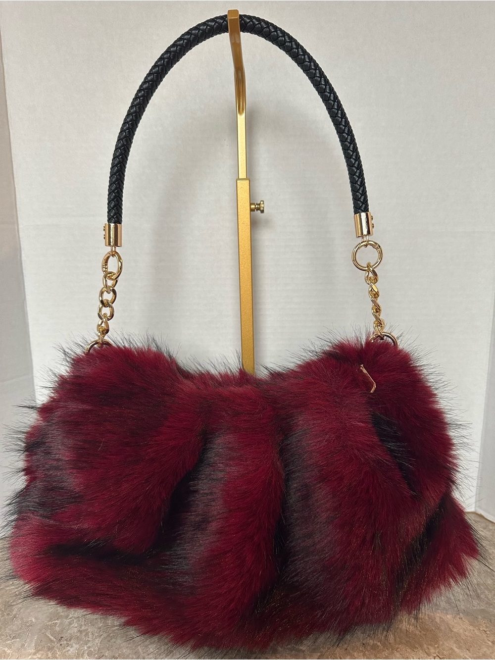 Fluffy Burgundy Faux Fur Shoulder Bag Ruched Goth Grunge Slouchy Mob Wife Purse